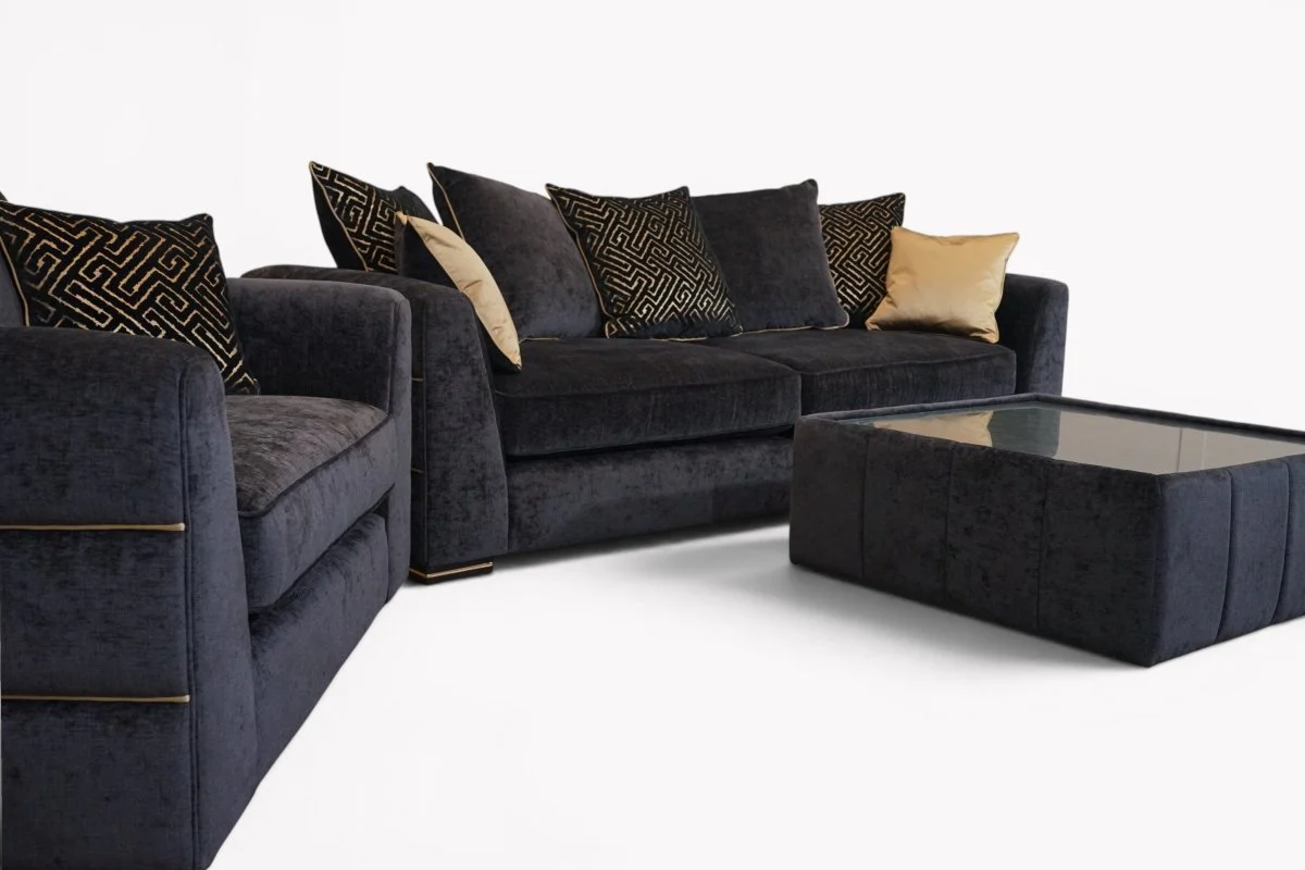 Magnifico 3 Seater Sofa & Armchair, Black  / Gold Mix Chenille FREE Footstool