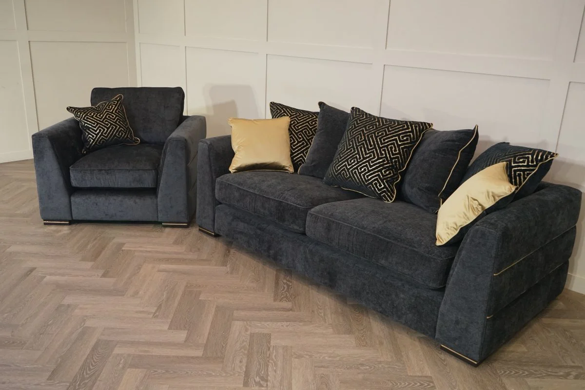 Magnifico 3 Seater Sofa & Armchair, Black  / Gold Mix Chenille FREE Footstool - Image 10
