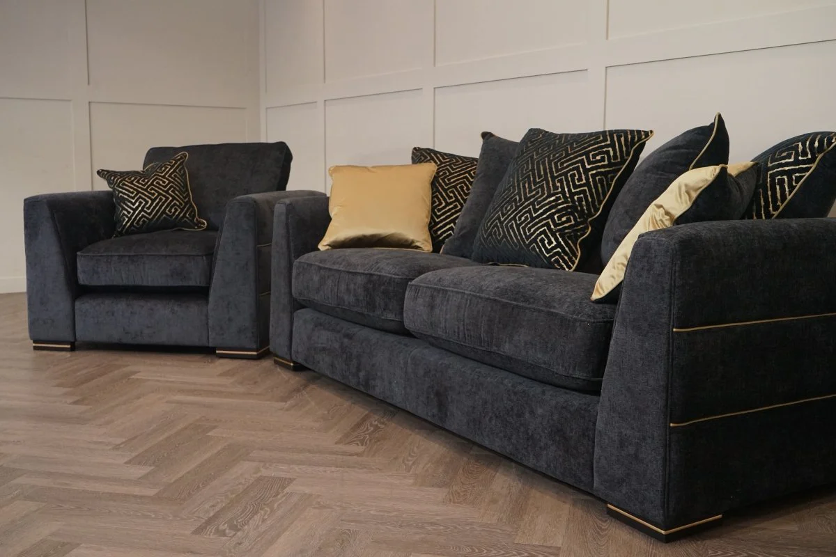 Magnifico 3 Seater Sofa & Armchair, Black  / Gold Mix Chenille FREE Footstool - Image 12