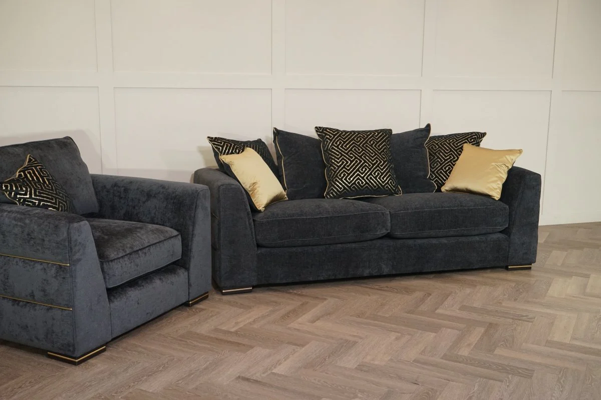 Magnifico 3 Seater Sofa & Armchair, Black  / Gold Mix Chenille FREE Footstool - Image 14