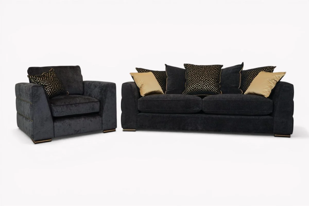 Magnifico 3 Seater Sofa & Armchair, Black  / Gold Mix Chenille FREE Footstool - Image 15