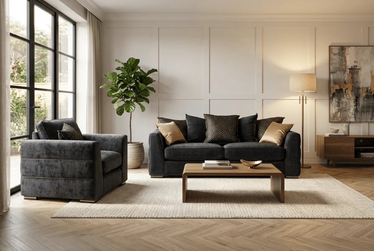 Magnifico 3 Seater Sofa & Armchair, Black  / Gold Mix Chenille FREE Footstool - Image 2