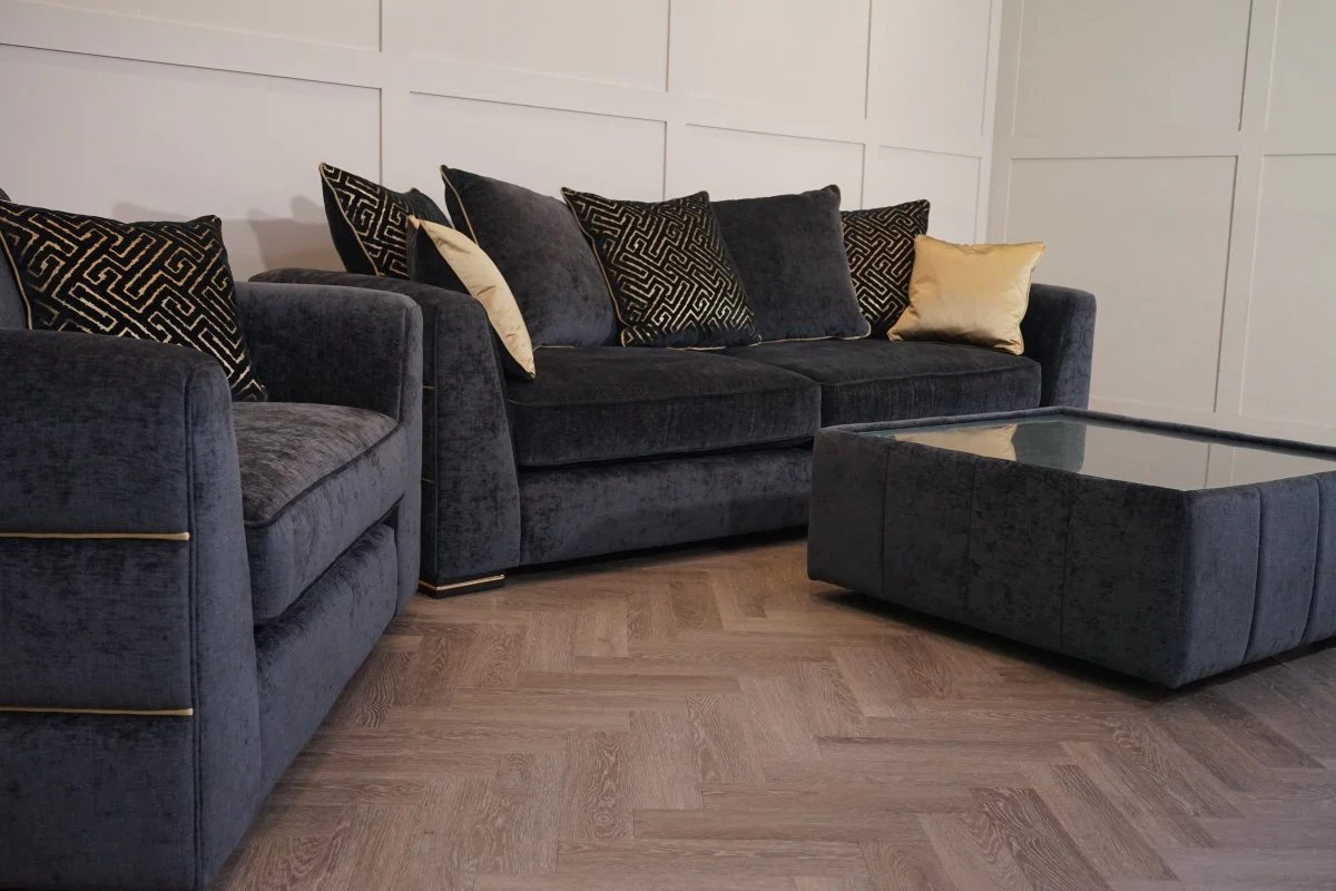 Magnifico 3 Seater Sofa & Armchair, Black  / Gold Mix Chenille FREE Footstool - Image 4