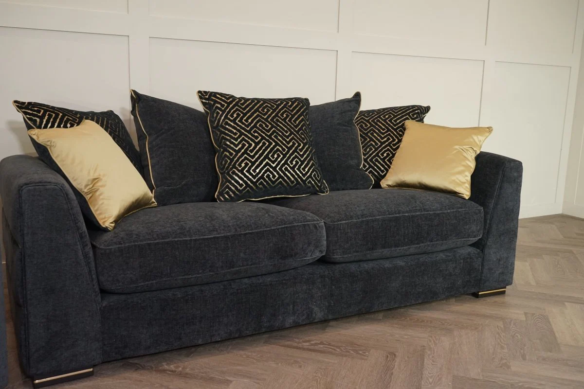 Magnifico 3 Seater Sofa & Armchair, Black  / Gold Mix Chenille FREE Footstool - Image 5