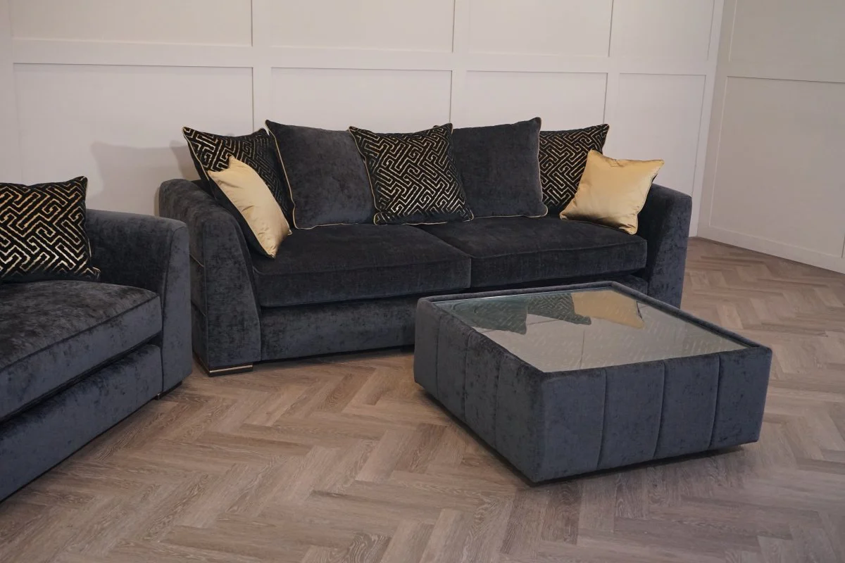 Magnifico 3 Seater Sofa & Armchair, Black  / Gold Mix Chenille FREE Footstool - Image 6