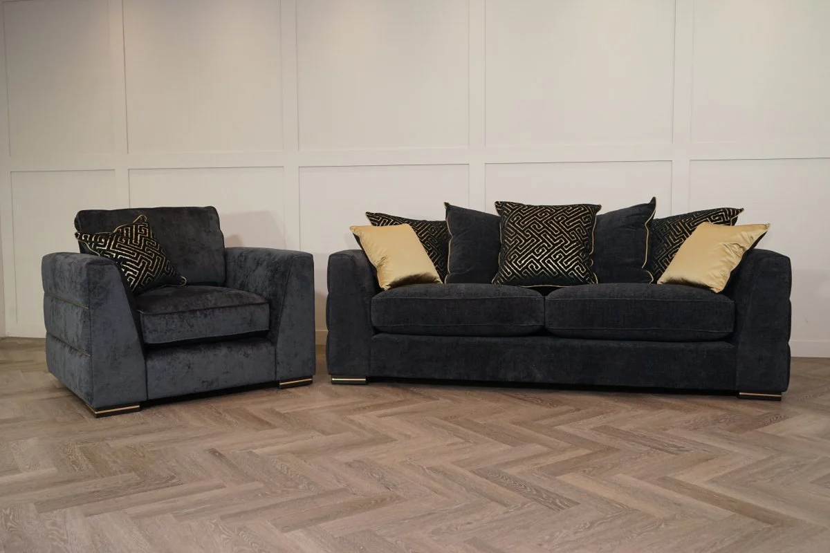 Magnifico 3 Seater Sofa & Armchair, Black  / Gold Mix Chenille FREE Footstool - Image 8