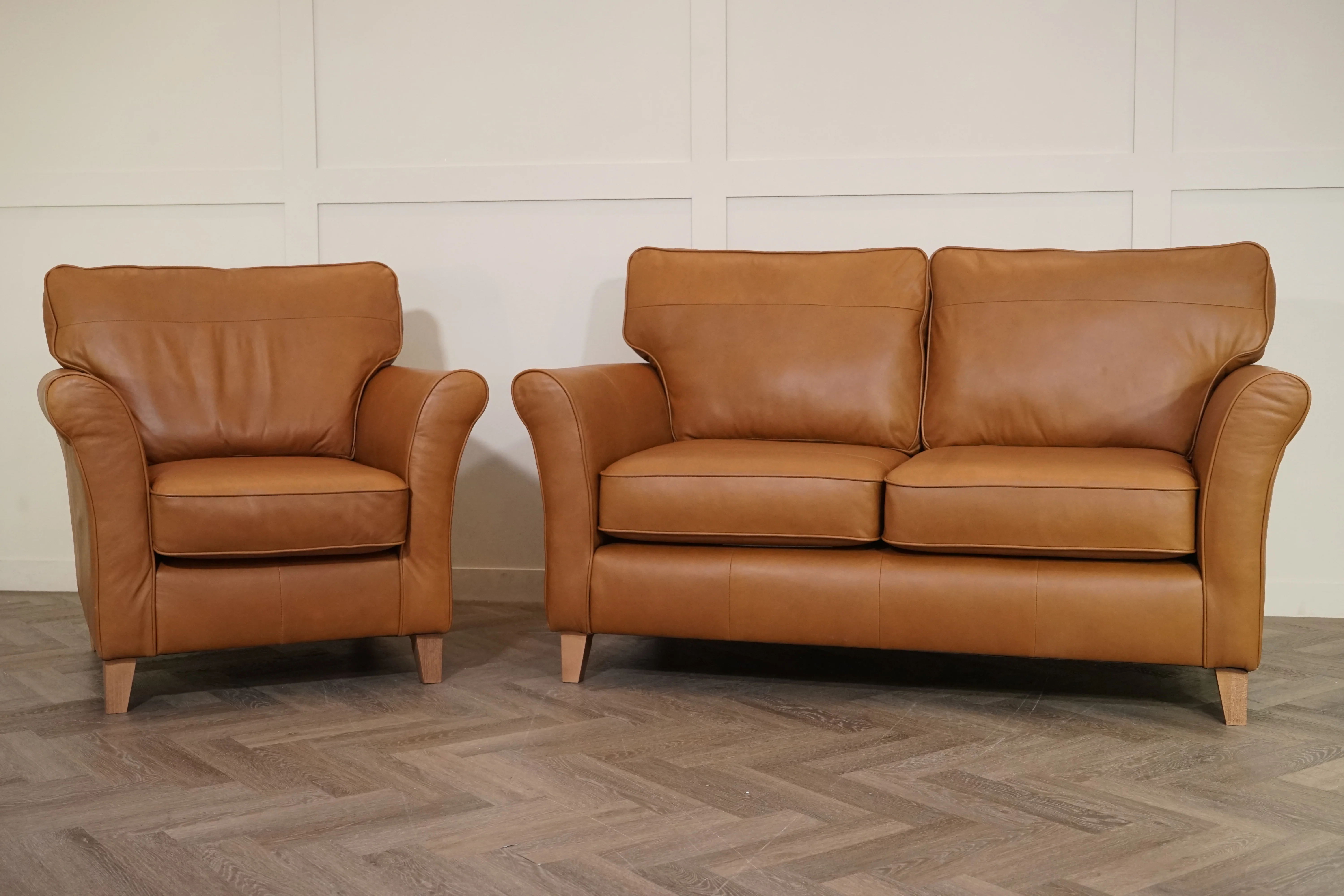 Charlotte II Leather 2 Seater Sofa & Armchair, Premium Caramel - Image 3