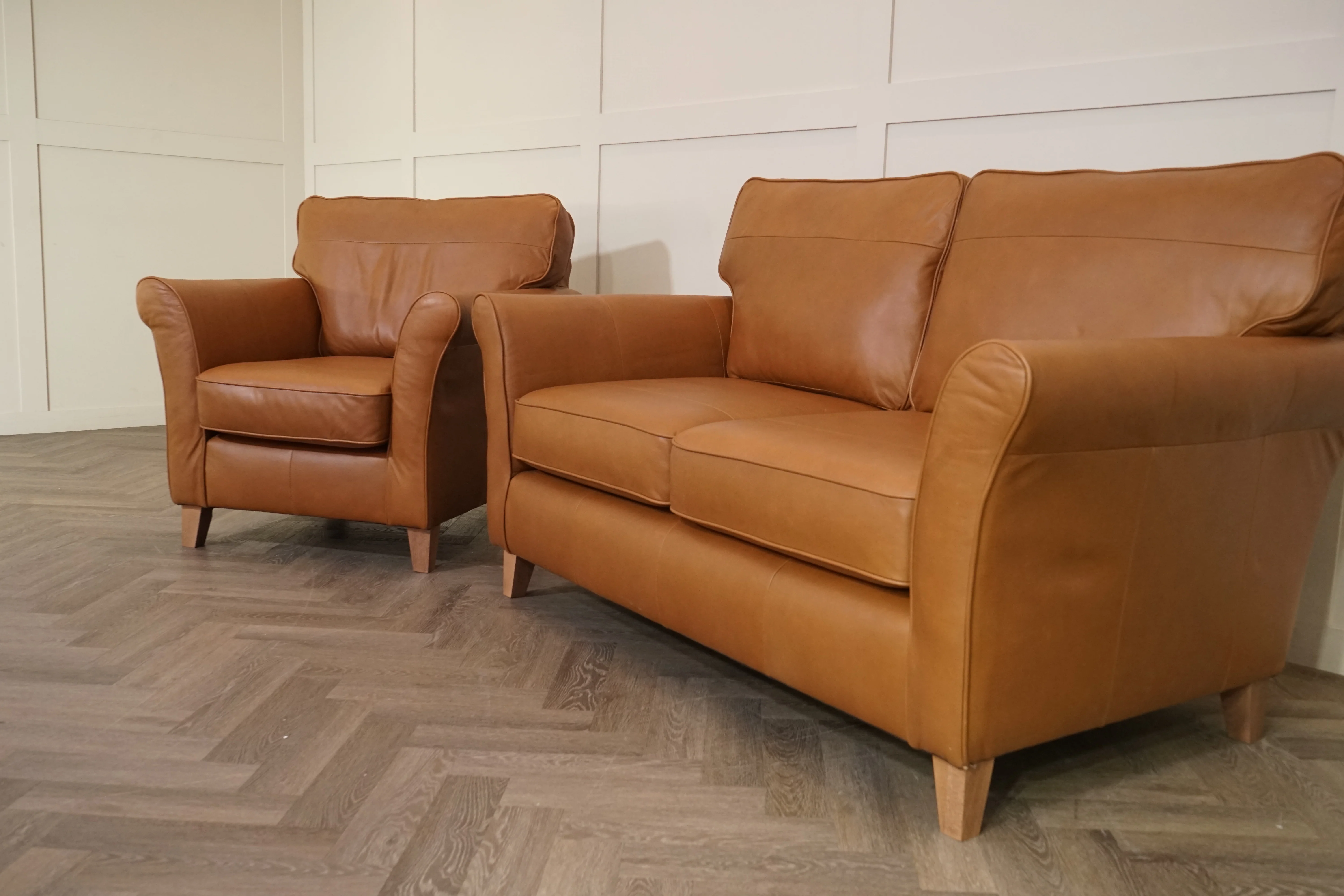 Charlotte II Leather 2 Seater Sofa & Armchair, Premium Caramel - Image 8
