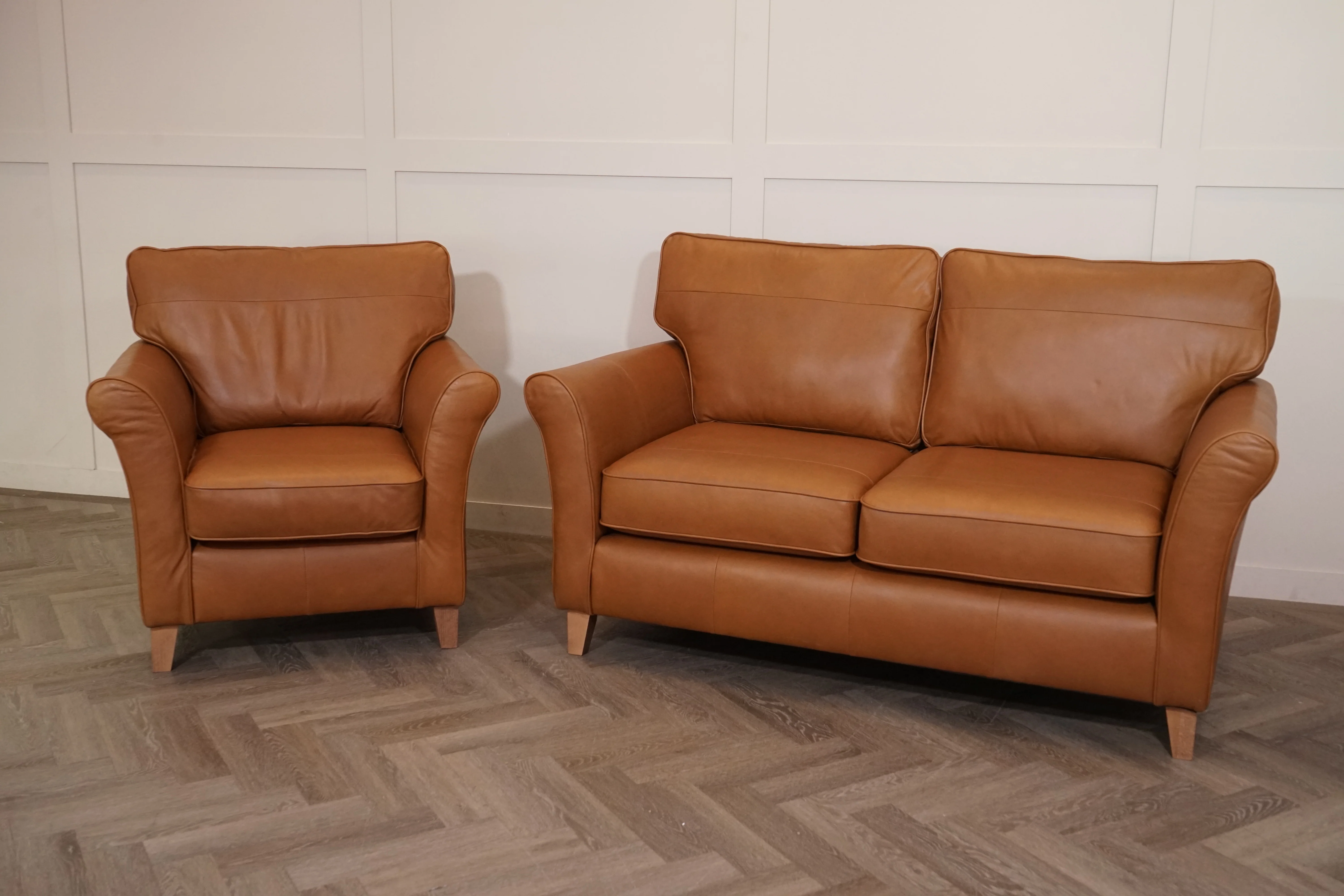 Charlotte II Leather 2 Seater Sofa & Armchair, Premium Caramel - Image 9