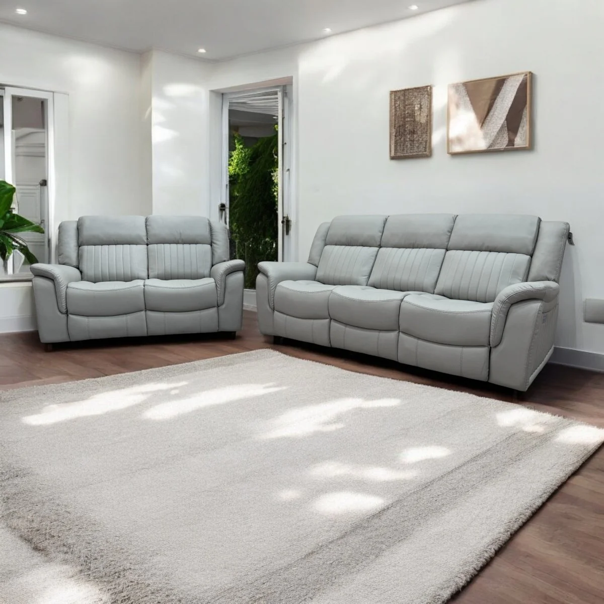 Domino Power Reclining 3 + 2 Seater Sofa, Light Grey Leather - Image 3