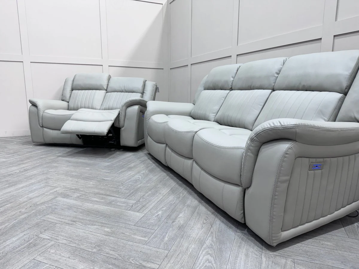 Domino Power Reclining 3 + 2 Seater Sofa, Light Grey Leather - Image 5