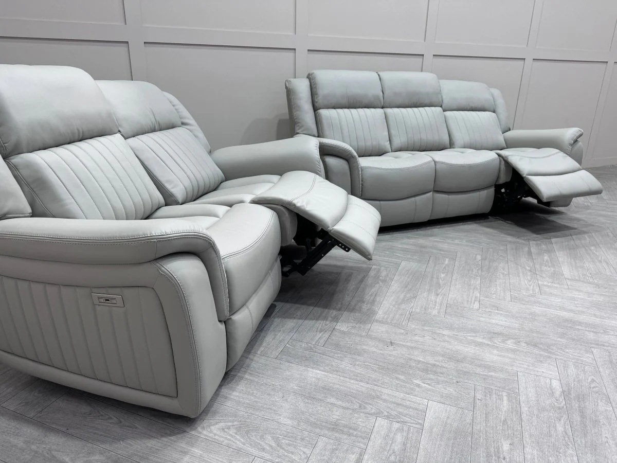 Domino Power Reclining 3 + 2 Seater Sofa, Light Grey Leather - Image 8