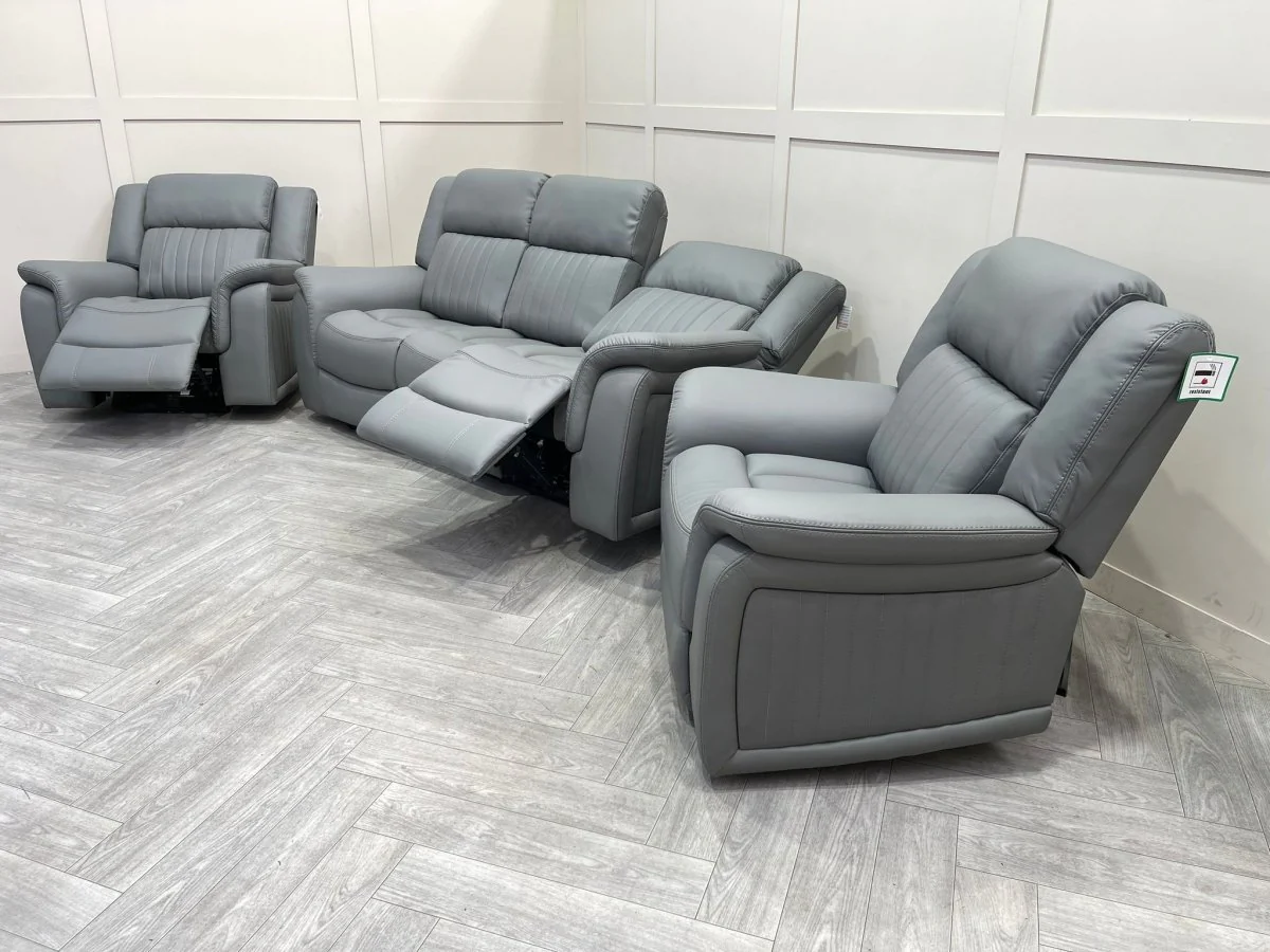 Domino Power Reclining 3 Seater Sofa & 2 Armchairs, Dark Grey Leather - Image 10