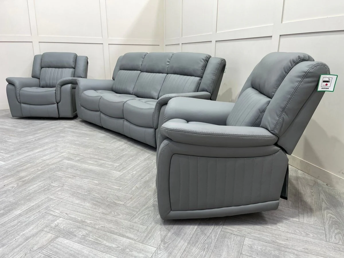 Domino Power Reclining 3 Seater Sofa & 2 Armchairs, Dark Grey Leather - Image 11
