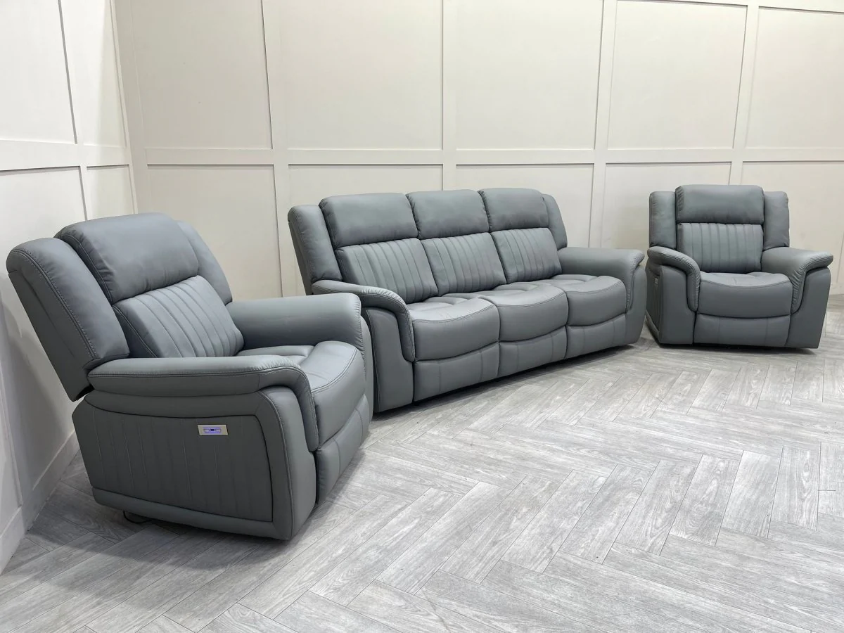 Domino Power Reclining 3 Seater Sofa & 2 Armchairs, Dark Grey Leather - Image 14