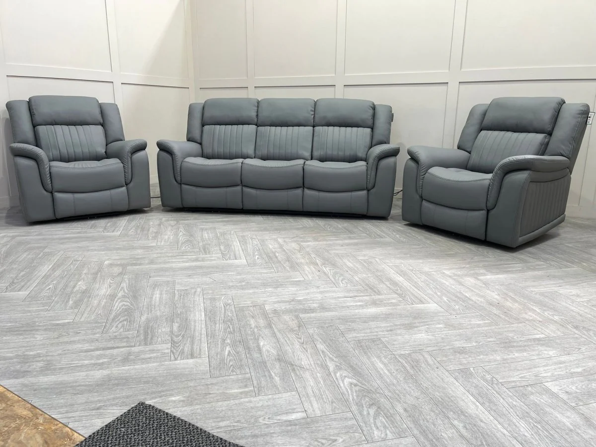 Domino Power Reclining 3 Seater Sofa & 2 Armchairs, Dark Grey Leather - Image 15