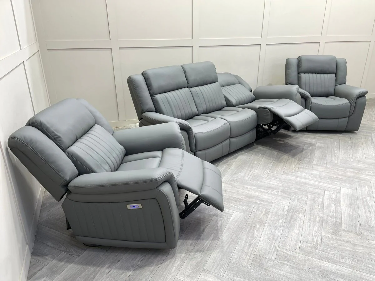 Domino Power Reclining 3 Seater Sofa & 2 Armchairs, Dark Grey Leather - Image 4