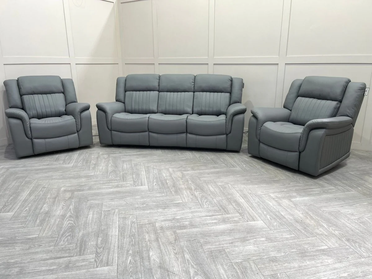 Domino Power Reclining 3 Seater Sofa & 2 Armchairs, Dark Grey Leather - Image 5