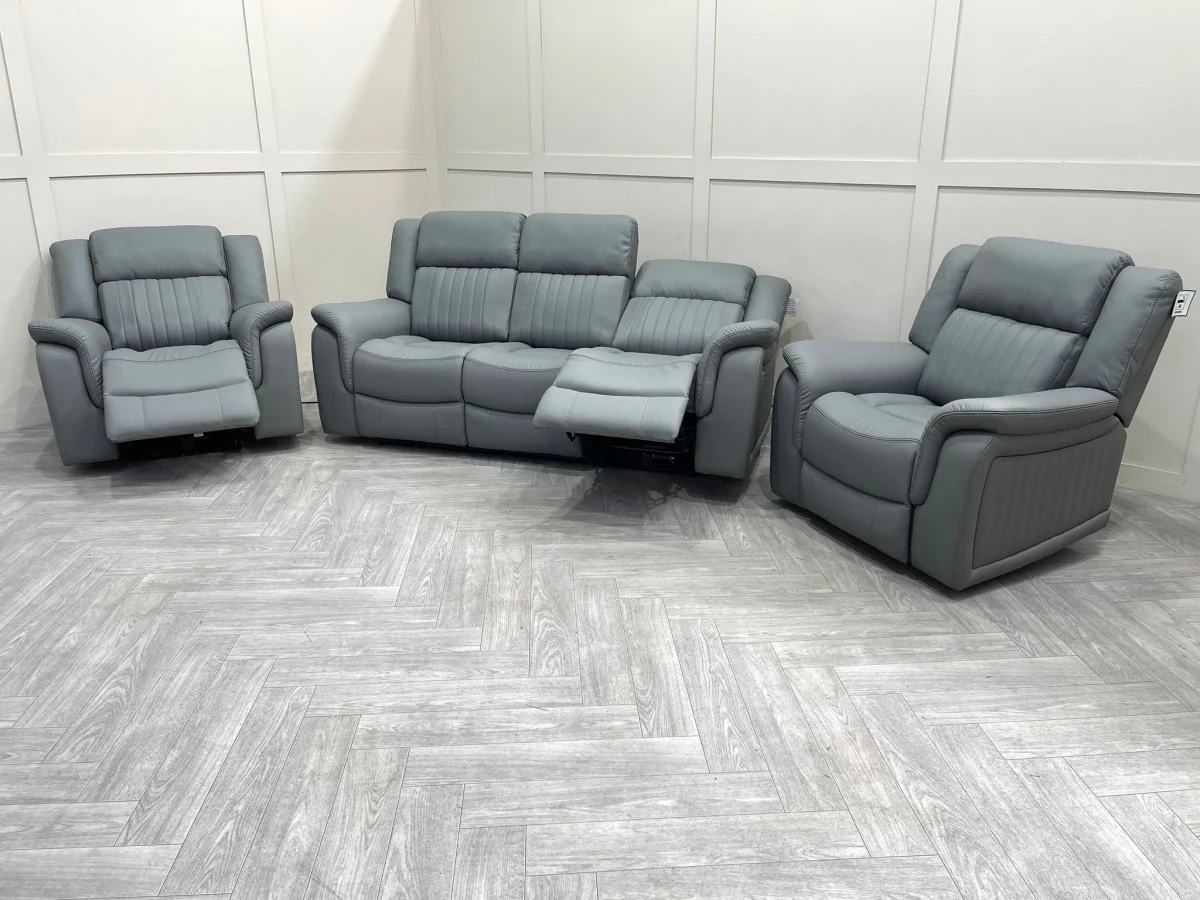 Domino Power Reclining 3 Seater Sofa & 2 Armchairs, Dark Grey Leather - Image 7