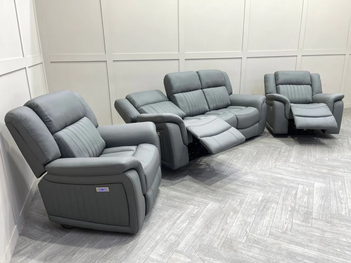 Domino Power Reclining 3 Seater Sofa & 2 Armchairs, Dark Grey Leather - Image 8
