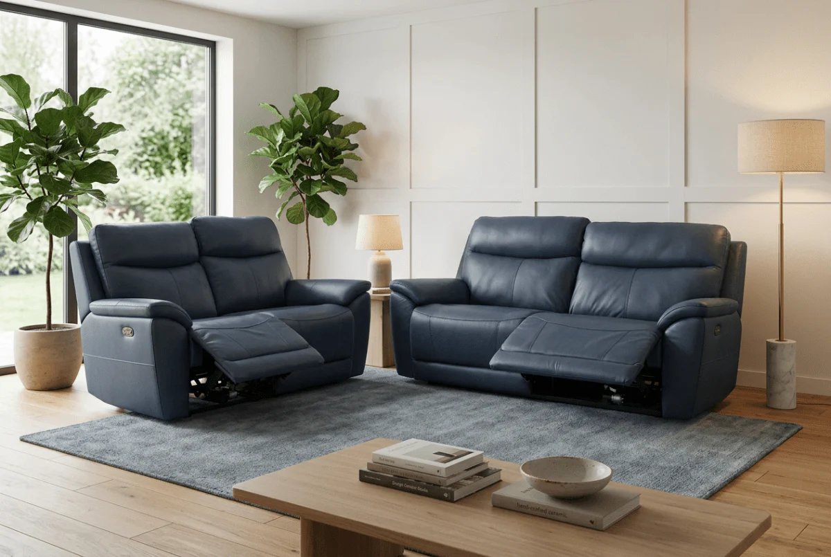 Eldwick Leather 3 + 2 Seater Power Recliner Sofa Set, Midnight Blue - Image 2