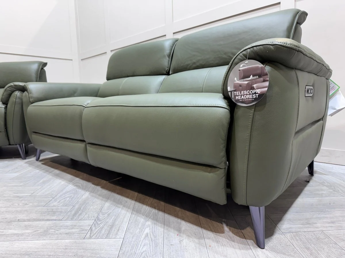 Jade 3 + 2 Seater Leather Power Reclining Sofa with Telescopic Headrests, Pine - Image 7