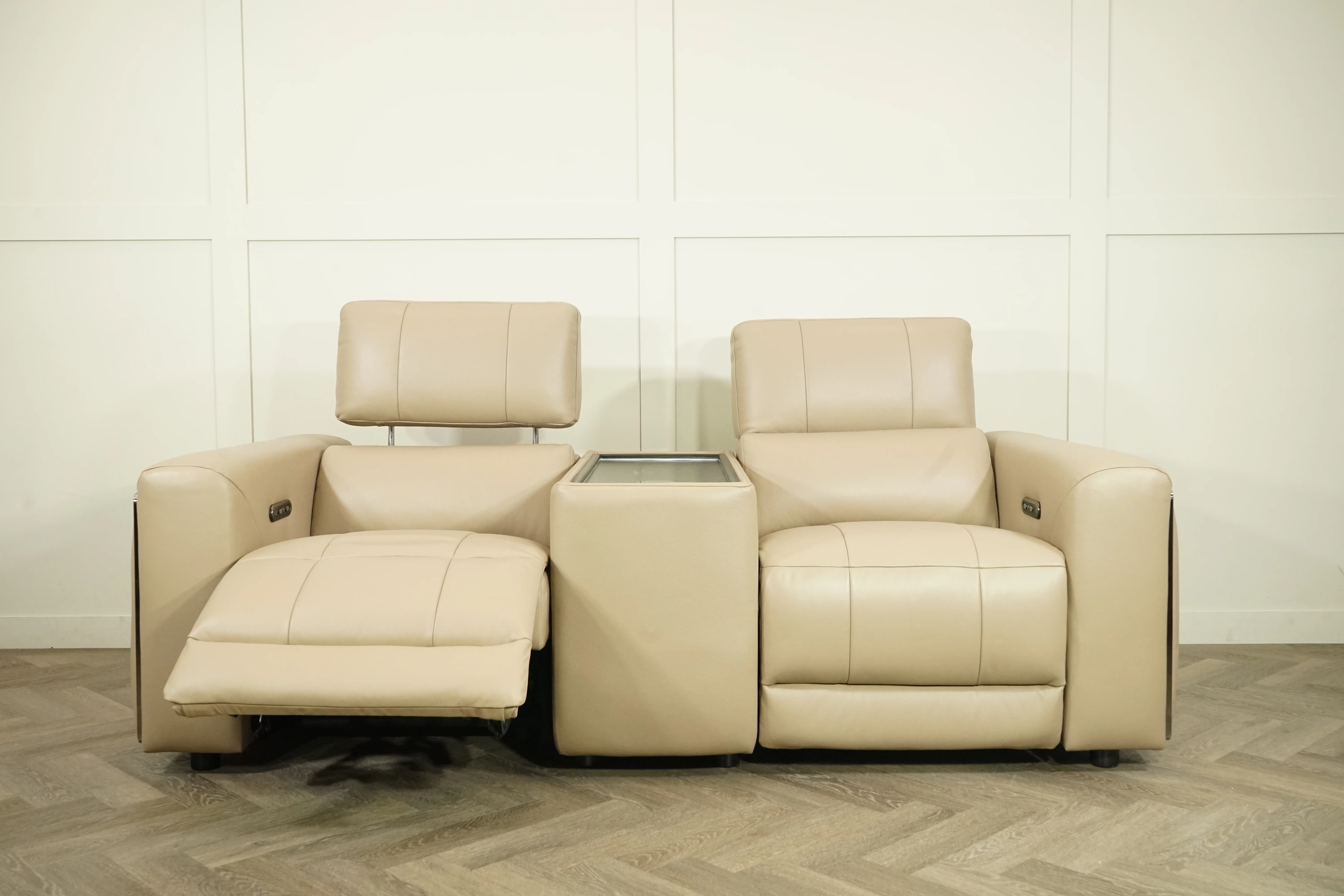 Milano Leather 2 Seater Power Reclining Sofa with Console, Taupe - Image 3