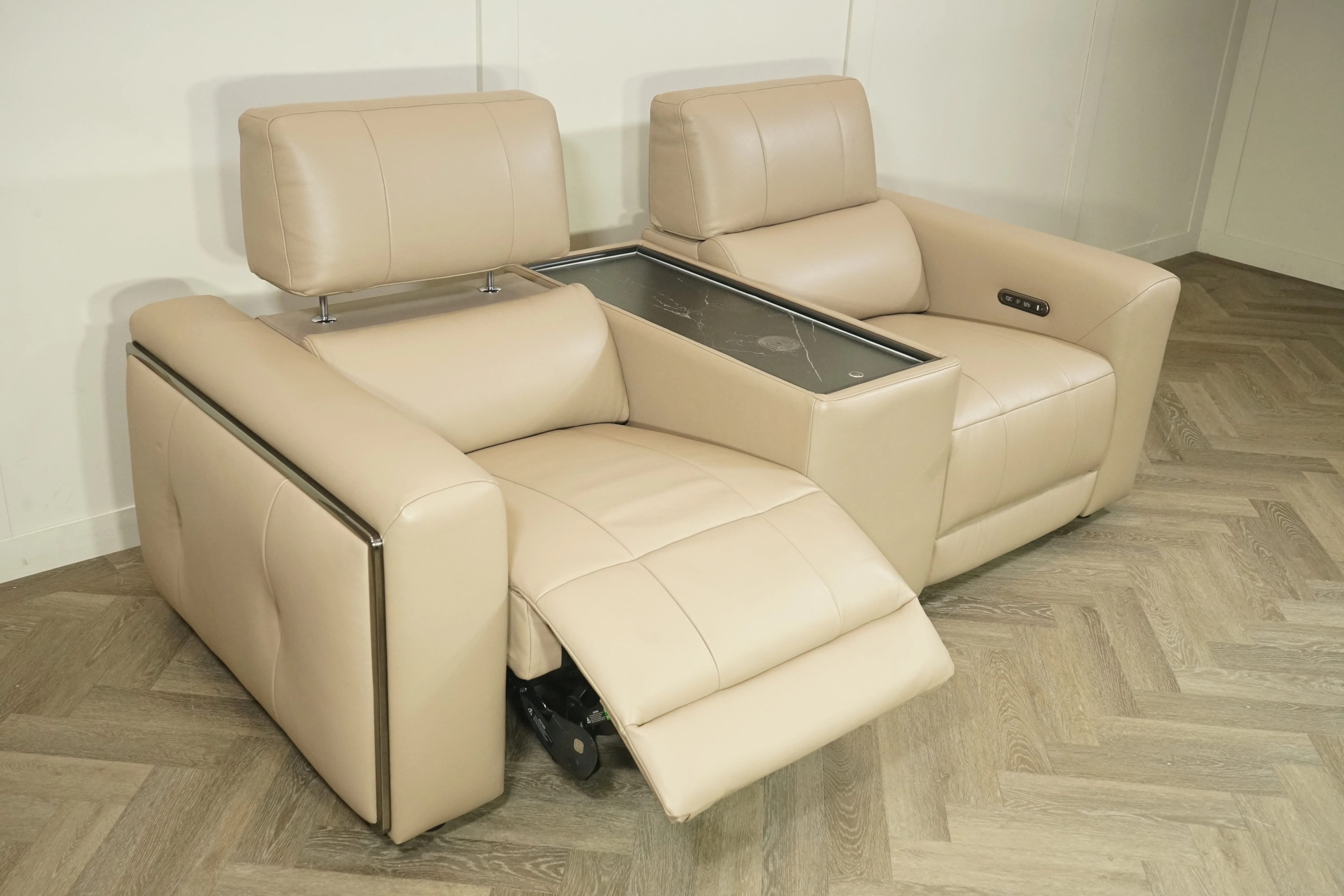 Milano Leather 2 Seater Power Reclining Sofa with Console, Taupe - Image 5