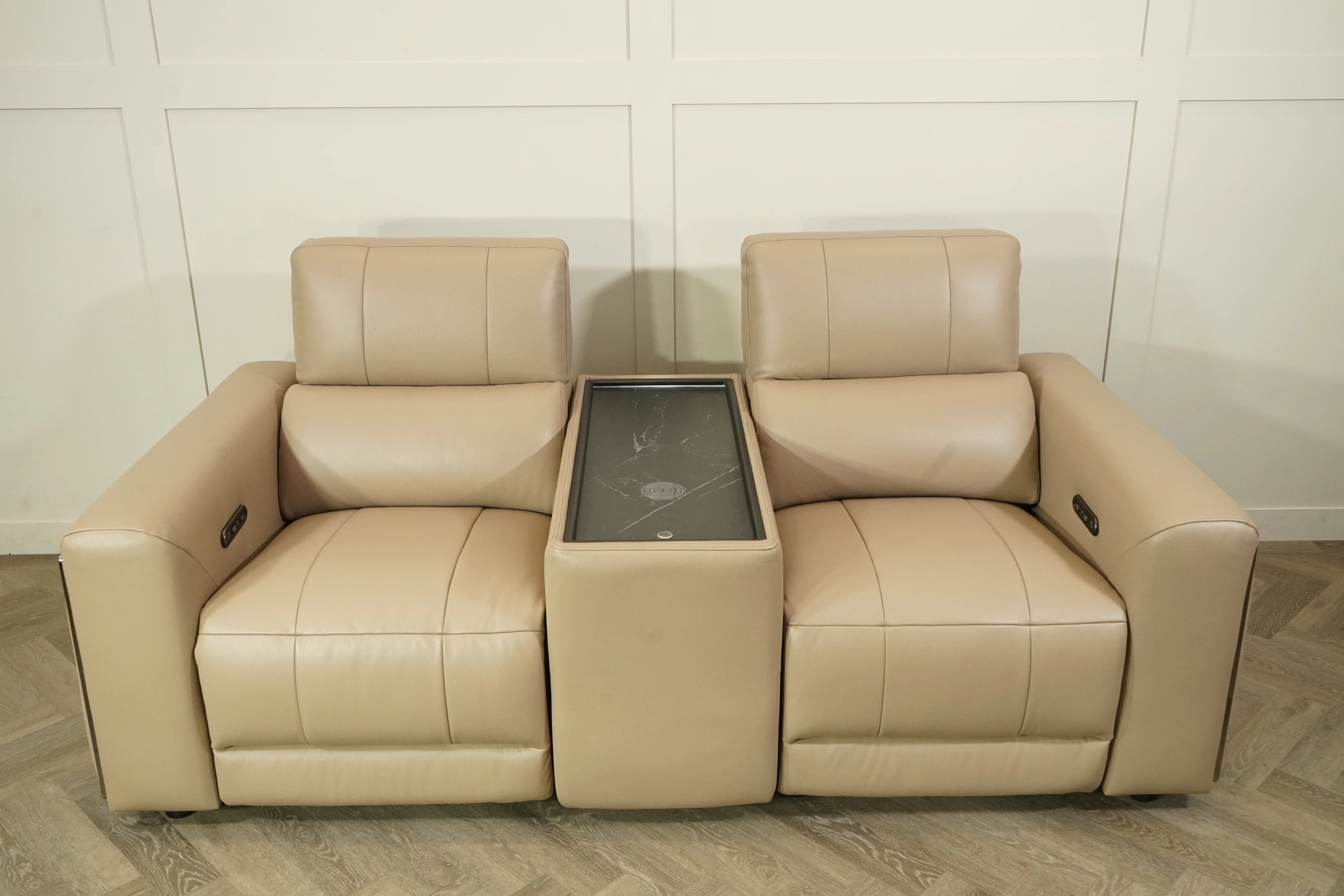 Milano Leather 2 Seater Power Reclining Sofa with Console, Taupe - Image 7