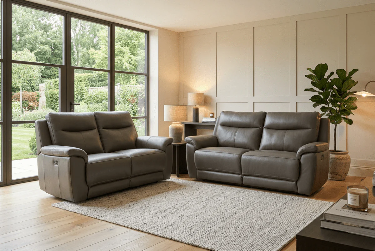 Navona Leather 3 & 2 Seater Power Recliner Sofa, Club Elephant Grey - Image 2