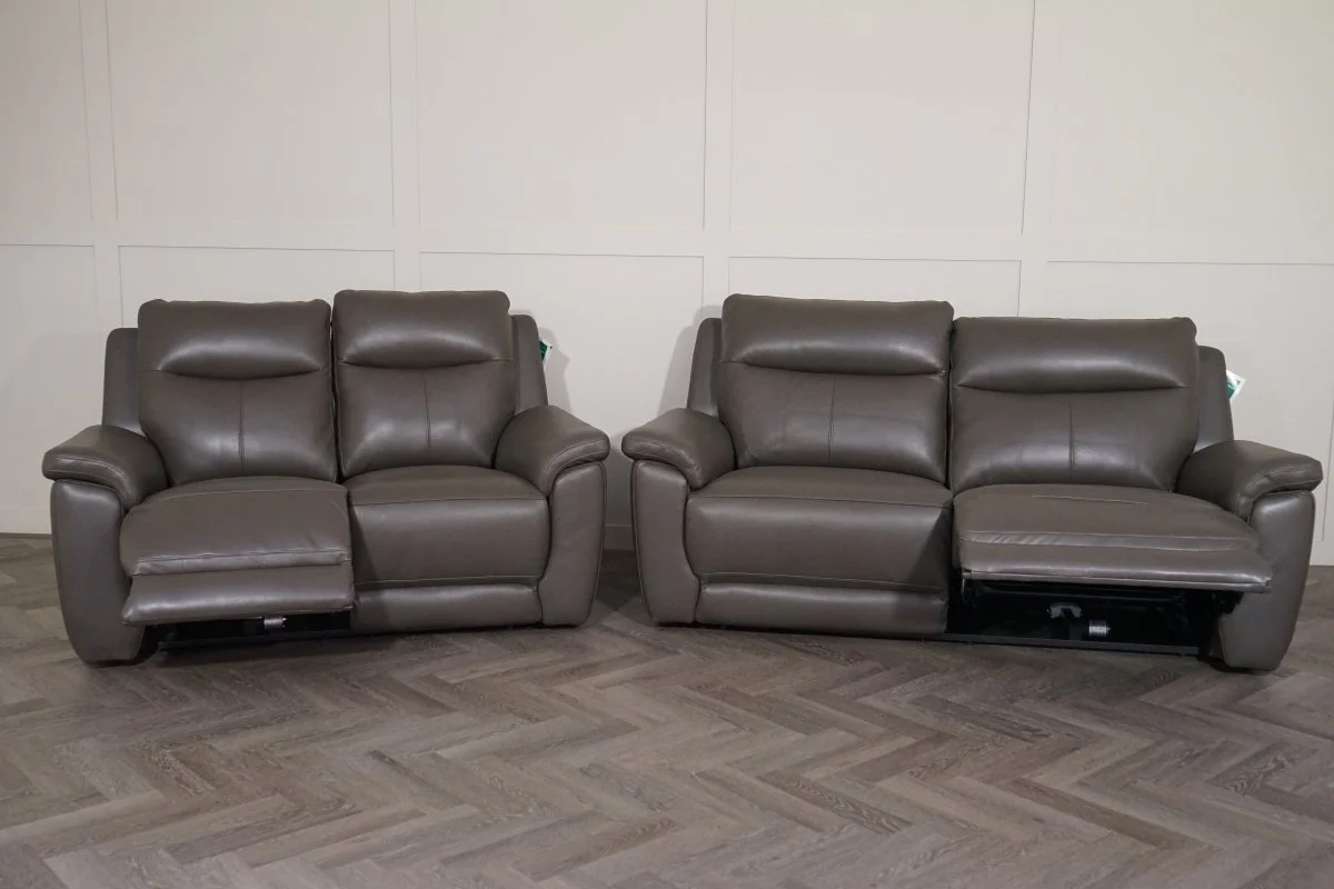 Navona Leather 3 & 2 Seater Power Recliner Sofa, Club Elephant Grey - Image 4