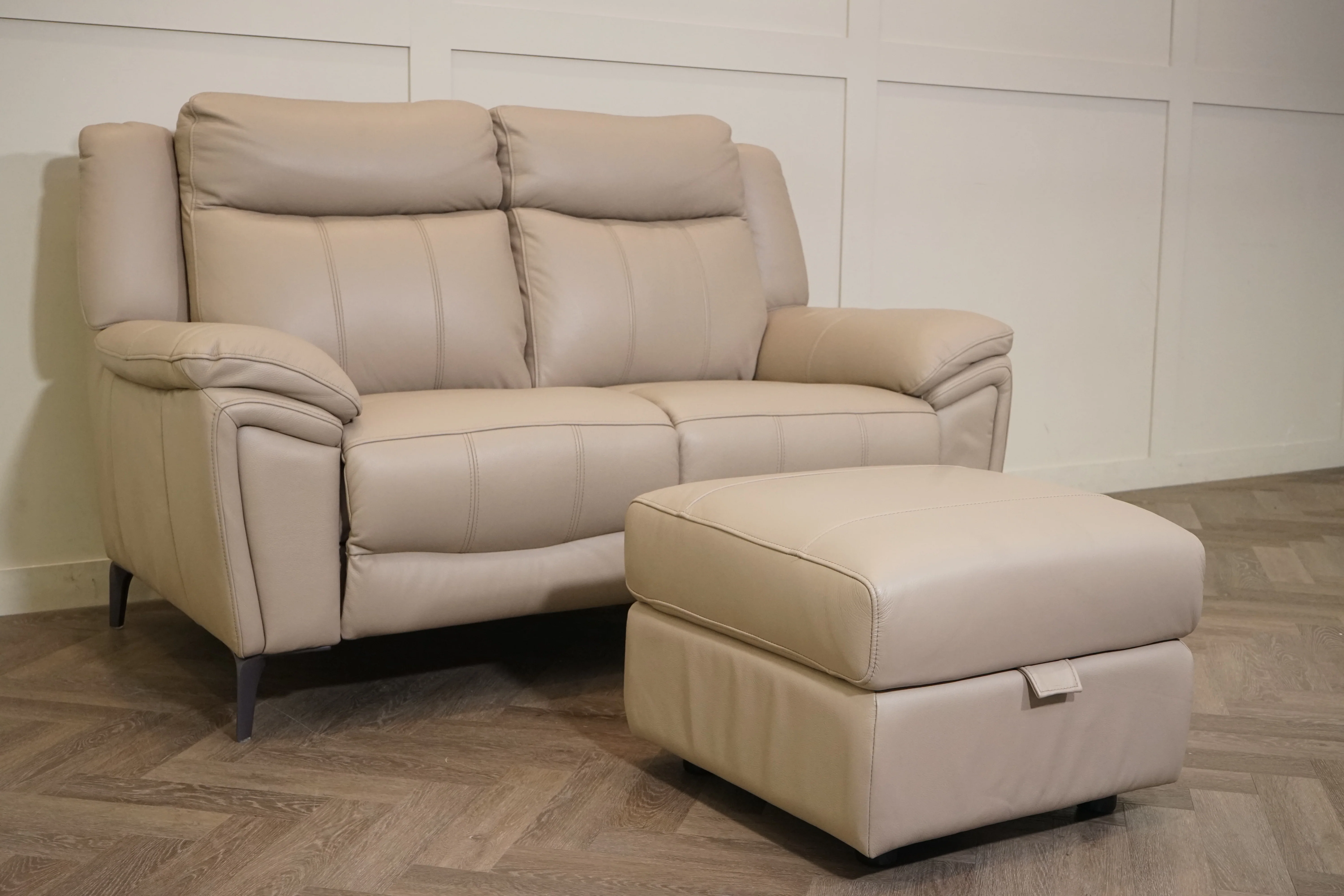 Panache Leather 2 Seater Sofa & FREE Storage Footstool, Oyster - Image 4