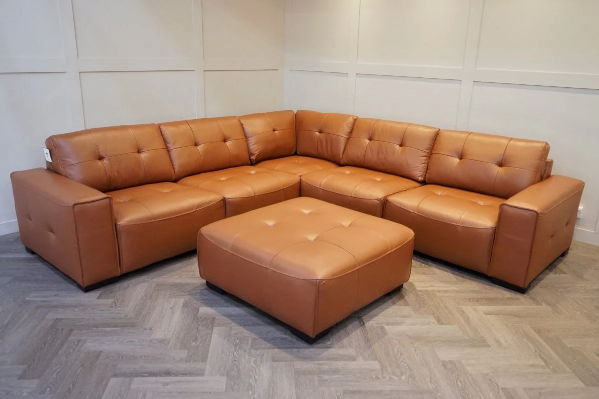 Portofino Large Modular Leather Corner Sofa & Footstool, Chestnut - Image 8
