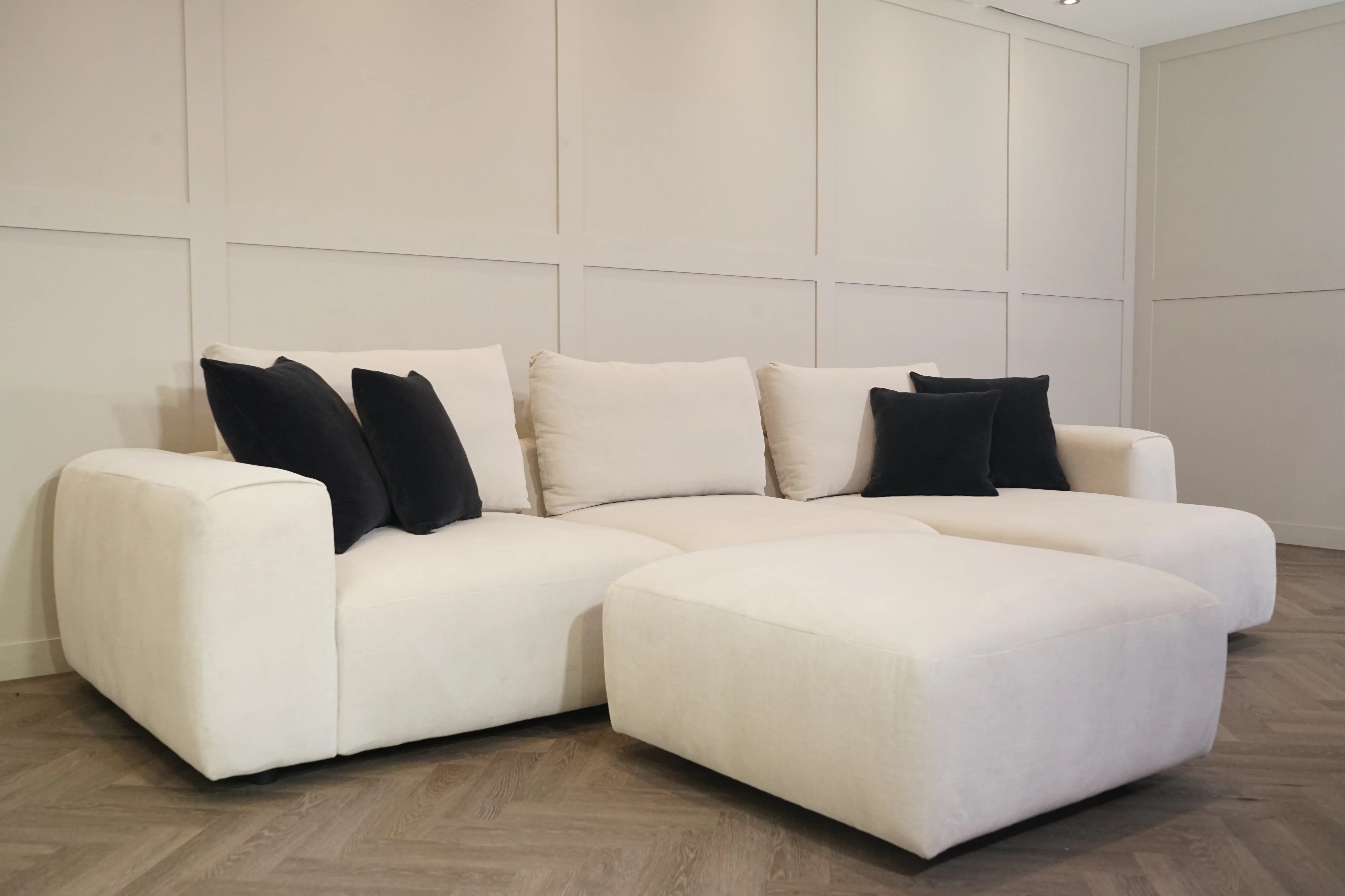 Rocco Large RHF Chaise Sofa & Footstool, Dusky Ecru - Image 6